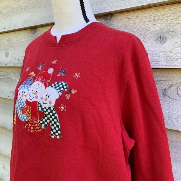 Vintage 90s Red Felt Snowman Appliqué Graphic Crewneck Ugly Christmas Sweatshirt - Picture 5 of 16